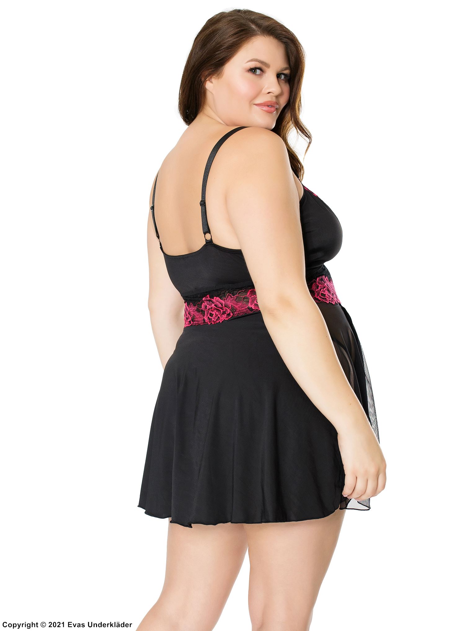 Bezauberndes Babydoll, Spitze, transparente Einlagen, Schlitz, Rosen, Plus Size